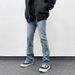Men's Light Blue Washed Slim Fit Straight Leg Stretch Jeans High Street Style Versatile Casual Layered Pants_mkmklike.com