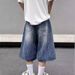 Vintage Washed Lightning Bolt Denim Shorts - Unisex Baggy 7/10 Length Jeans For Summer (Black/Blue, Sizes S-3xl)_mkmklike.com