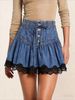 K Blue Elastic Waisted Denim Skirt A-line Skirt Lace Skirt Edge Anti Peeping Pants_mkmklike.com