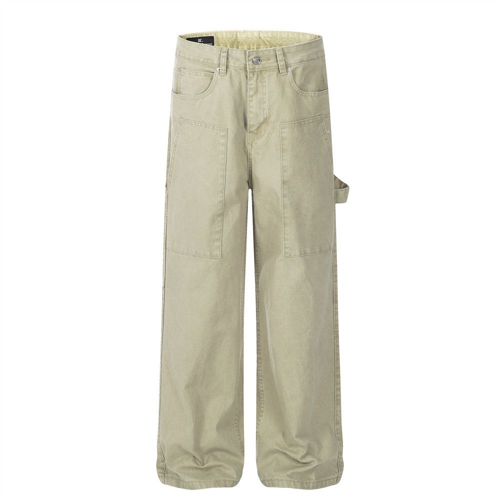 American Style Washed Multi-Pocket Cargo Jeans For Men Street Fashion Ins Loose Casual Solid Color Straight Long Pants_mkmklike.com