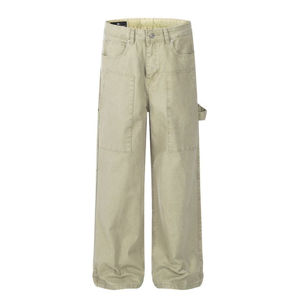 American Style Washed Multi-Pocket Cargo Jeans For Men Street Fashion Ins Loose Casual Solid Color Straight Long Pants_mkmklike.com