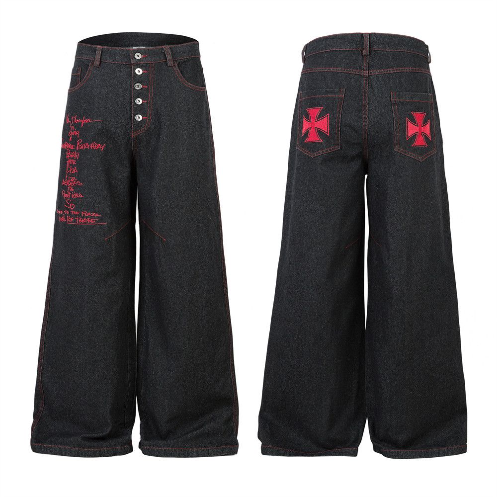 Button Design Denim Flared Men's Long Hippie Vibe Trend Cross Embroidery Letter Loose Wide-Leg Pants_mkmklike.com