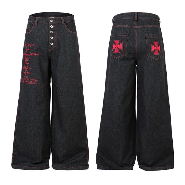 Button Design Denim Flared Men's Long Hippie Vibe Trend Cross Embroidery Letter Loose Wide-Leg Pants_mkmklike.com