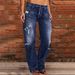 Women's Clothing Denim Trousers Trendy Distressed Mid Waist Ripped Casual Straight Leg Trousers_mkmklike.com