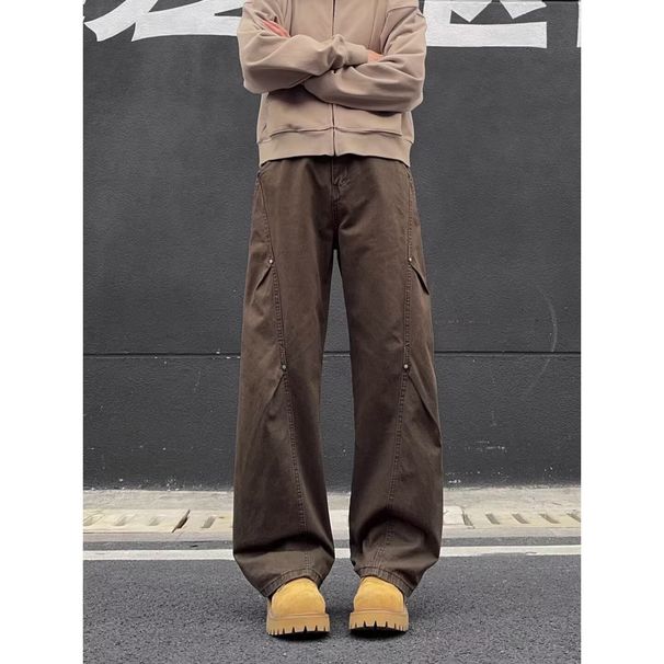 American Pleated Brown Cotton Jeans Men's Trendy Brand Rivet Design Scimitar Retro Versatile Loose Long Pants_mkmklike.com