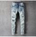 Men's Clothing High Street Fashion Brand Men's Clothing Trend Men's Slim Elastic Knee Hole Patch Jeans Skinny Pants_mkmklike.com