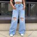 Women's High Waist Loose Fit Ripped Denim Jeans - Street Style Distressed Wide Leg Pants With Stretch Comfort_mkmklike.com