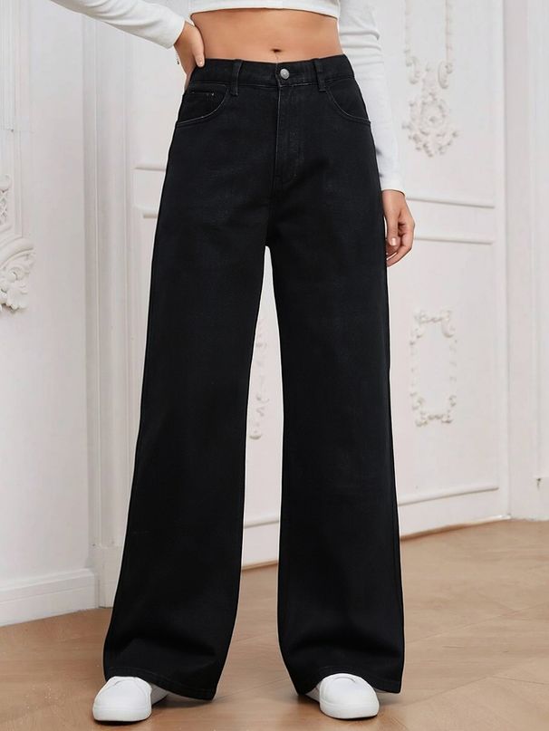 Women's High-Waisted Baggy Straight-Leg Jeans - 90s Vintage Washed Denim Pants, Non-Stretch Black Wide-Leg Trousers For Streetwear_mkmklike.com