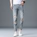 Men's High-End Slim Fit Ripped Cropped Jeans 2024 Trendy Brand Skinny Jeans for Summer Versatile_mkmklike.com