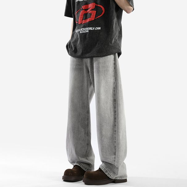 Men’s Vintage Washed Denim Jeans – Relaxed Straight Fit, Mid-Rise Waist, Distressed Detailing – Classic American Streetwear_mkmklike.com