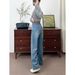 Women's Fleece-lined Wide-leg Jeans, Thickened Winter, Korean Style, High-waisted, Casual, Vintage Retro Blue, In Stock_mkmklike.com