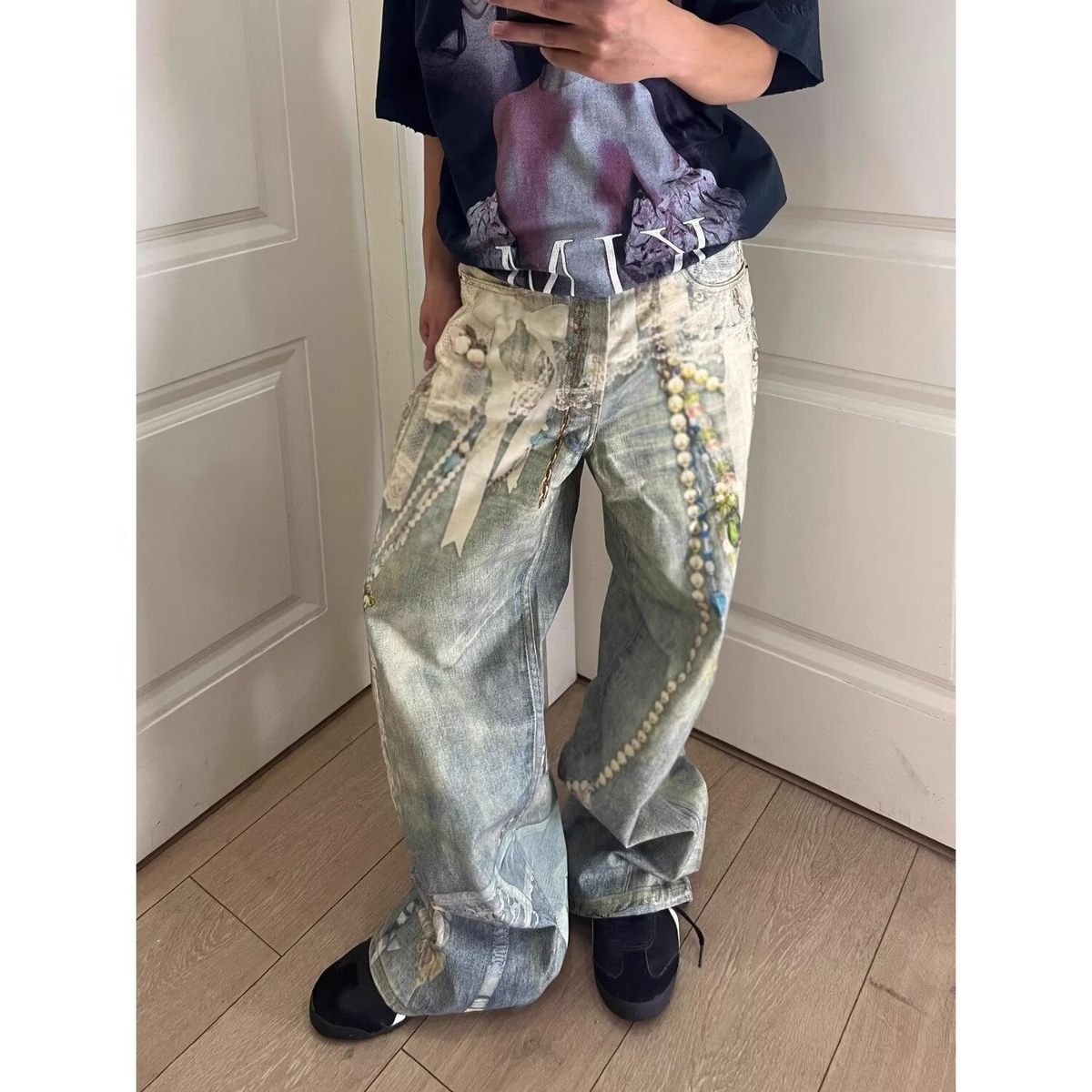 American Vintage Worn-Out Style 3D Printed Chain Straight-Leg Jeans For Men And Women, Loose Casual Long Pants_mkmklike.com