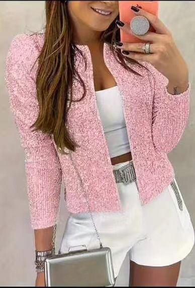 Women's round neck long-sleeved solid color cardigan casual versatile sequined jacket_mkmklike.com