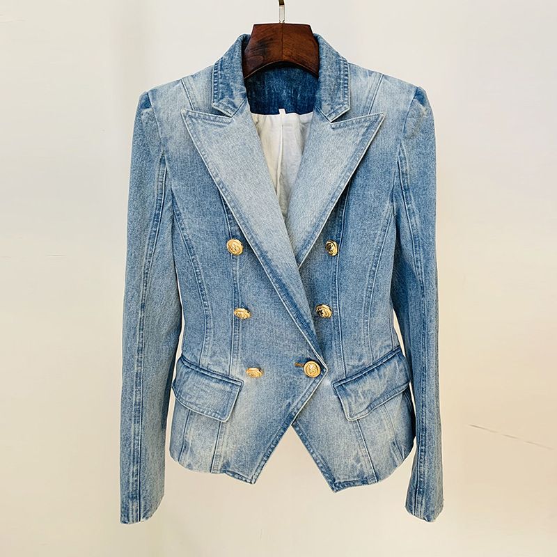 Women's slim-fit double-breasted lion buckle denim suit jacket_mkmklike.com