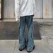 Men's Straight Leg Lightning Stripe Jeans High Street Style Washed Patchwork Design Versatile And Stylish Long Pants_mkmklike.com