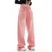 Women's Clothing High Street Loose Straight Pink Washed Jeans Spring And Summer High Waist Drape Mopping Wide Leg Trousers_mkmklike.com