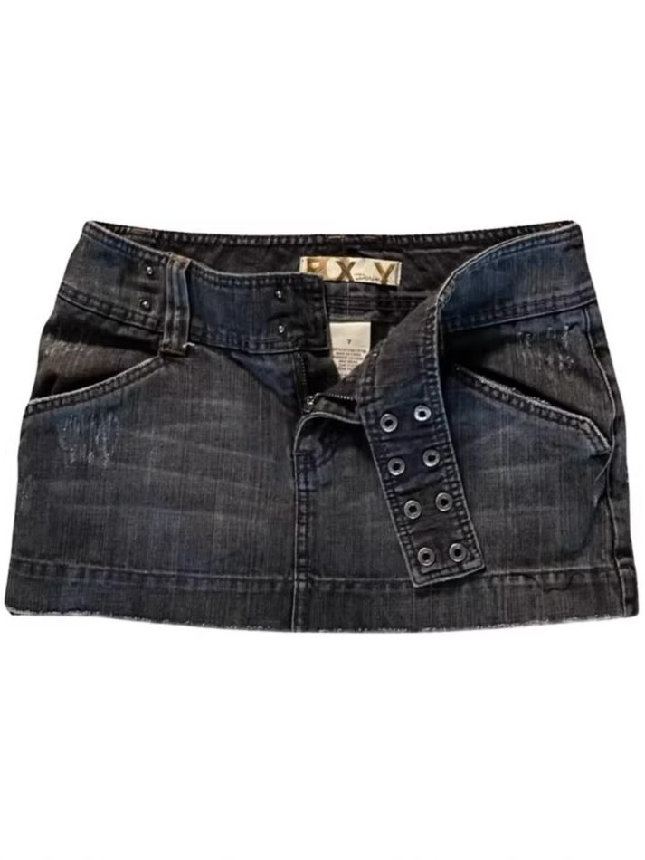 Y2k Low-Rise Denim Mini Skirt - Distressed Retro Cross-Tie Front Skirt For Women, Grunge Aesthetic Versatile Grunge Colorway_mkmklike.com
