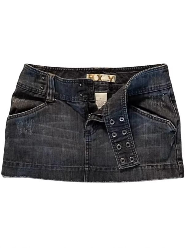 Y2k Low-Rise Denim Mini Skirt - Distressed Retro Cross-Tie Front Skirt For Women, Grunge Aesthetic Versatile Grunge Colorway_mkmklike.com