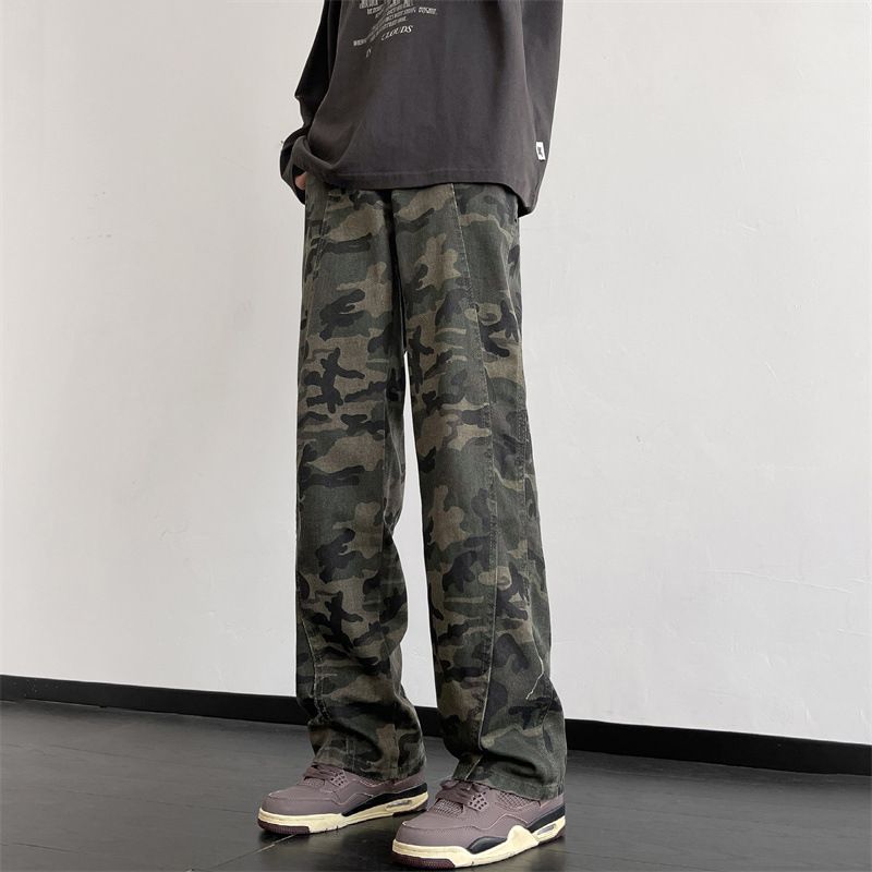 Spring High Street Micro-pull Pants American Camouflage Jeans Men's Straight Design High Sense_mkmklike.com