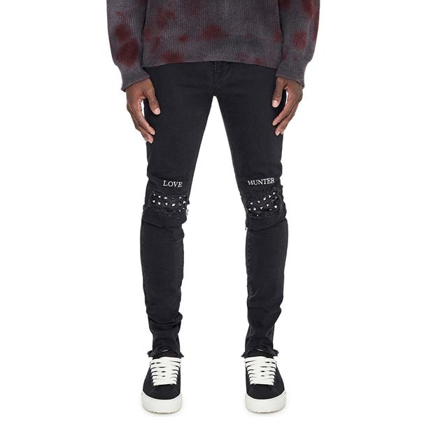 2020 European And American Fashion Distressed Rivet Non-Cuffed Stretch Men's Jeans Size 28-36_mkmklike.com