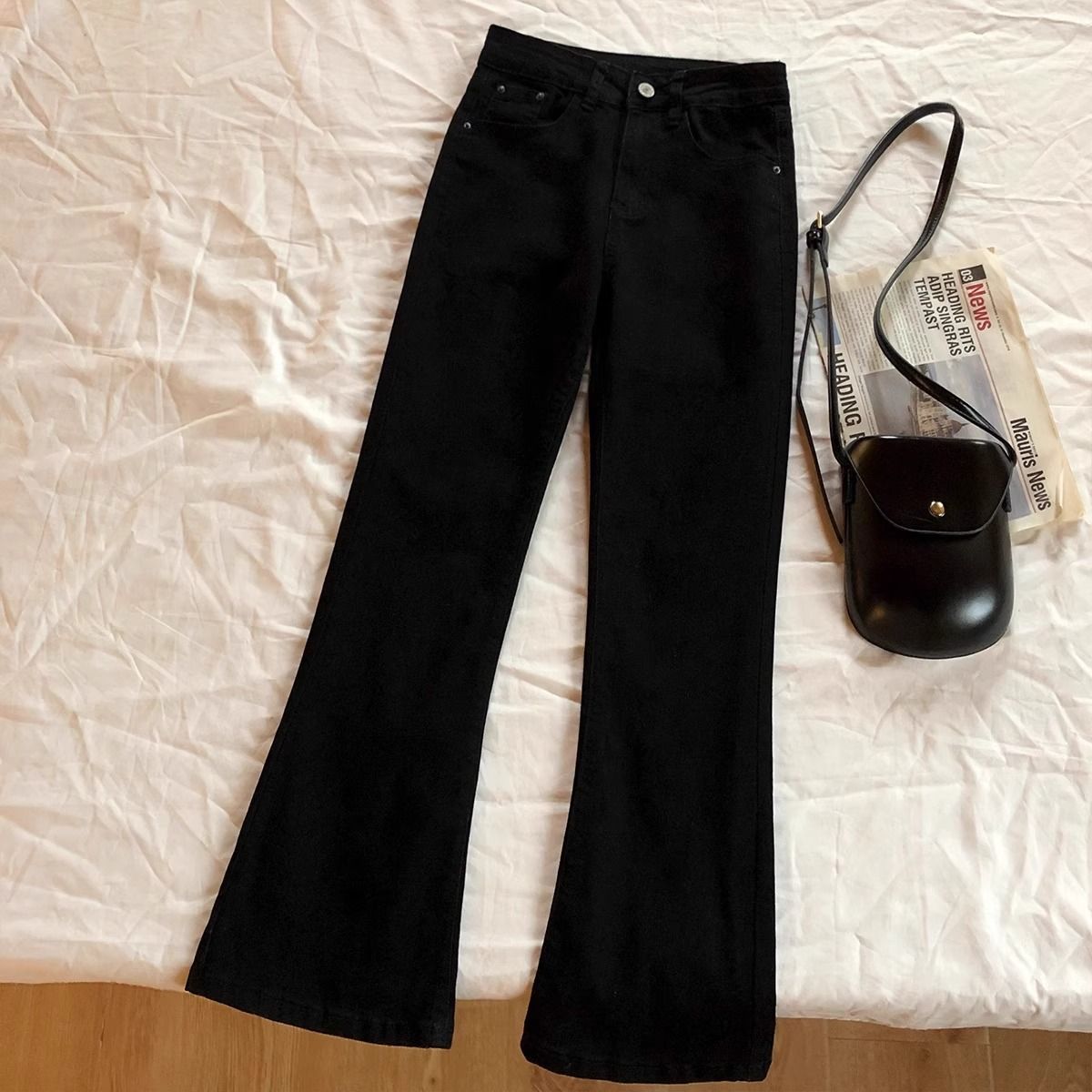 Women's Clothing Petite Flared Jeans Slimming Stretchy Black Denim Trousers Versatile For Spring And Summer_mkmklike.com