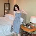 ELLE 2024 Age-Reducing Women's Retro Hong Kong Style Top Denim Strap Set Waist-Cinching Mid-Length Camisole Dress_mkmklike.com