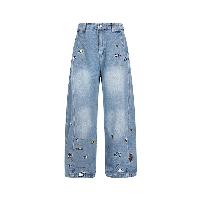 American Retro Washed Cartoon Curved Blade Jeans For Men And Women, Street Style, Loose Fit, Cool And Casual Wide Leg Pants._mkmklike.com