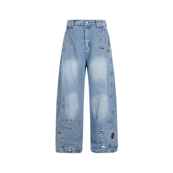 American Retro Washed Cartoon Curved Blade Jeans For Men And Women, Street Style, Loose Fit, Cool And Casual Wide Leg Pants._mkmklike.com