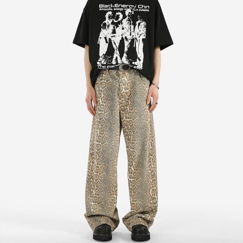 Men's Leopard Print Denim Jeans - Lightweight Straight Leg Pants With Streetwear Aesthetic For Spring/Summer Casual Wear_mkmklike.com