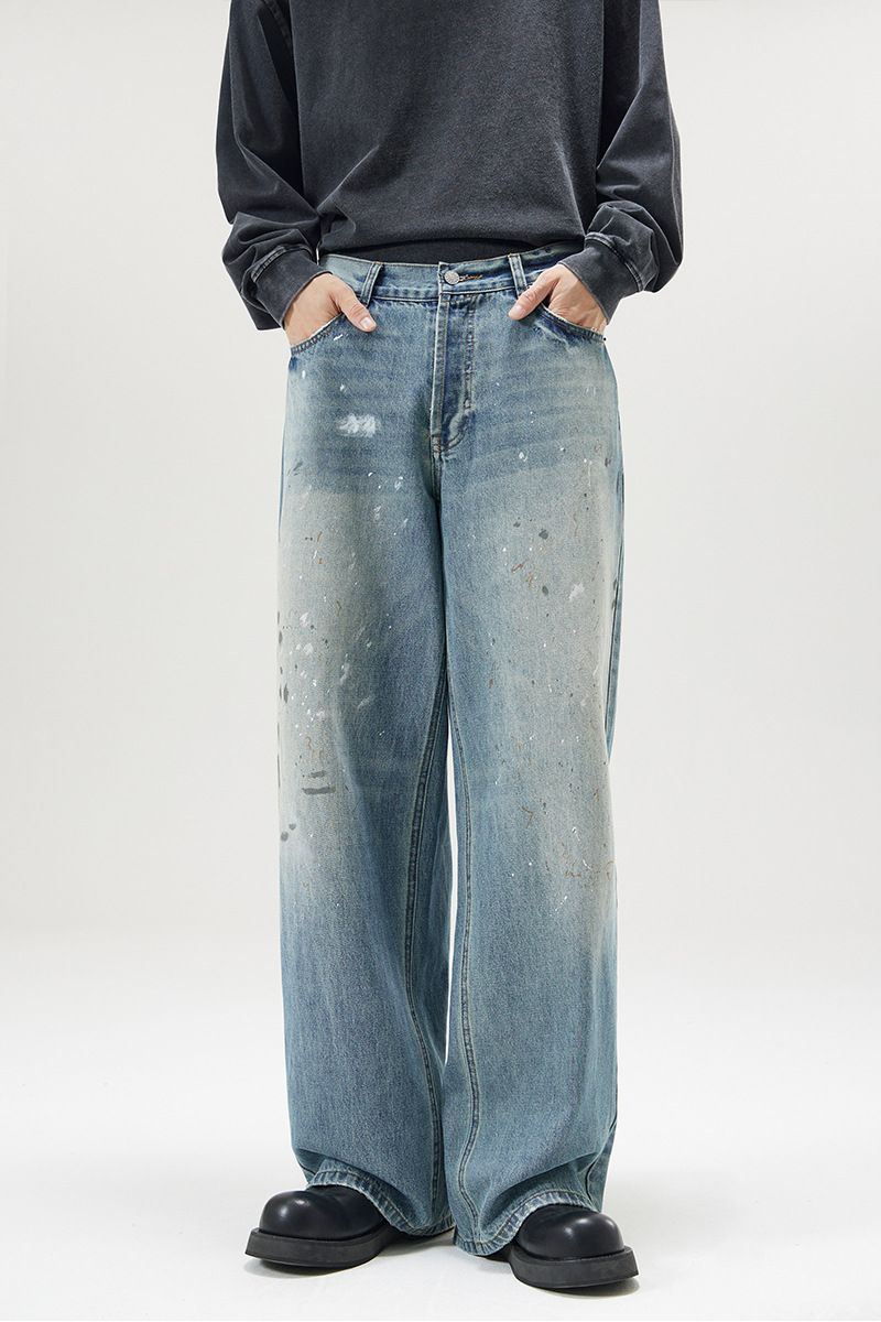 Men's Clothing autumn and winter new AC ink splashed trendy brand loose baggy jeans men's and women's straight ice blue wide leg trousers_mkmklike.com