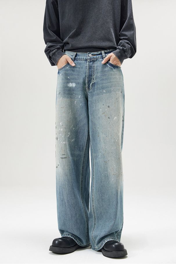 Men's Clothing autumn and winter new AC ink splashed trendy brand loose baggy jeans men's and women's straight ice blue wide leg trousers_mkmklike.com