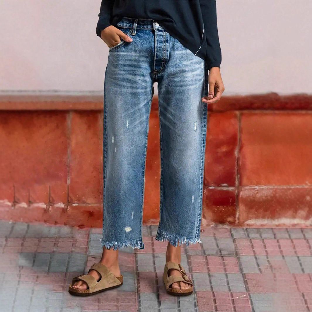 K Cowboy Women's Loose Straight Leg Pants With Torn Edges And Holes_mkmklike.com