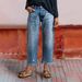 Women's Loose Straight Leg Cropped Jeans With Frayed Edges And Ripped Details_mkmklike.com
