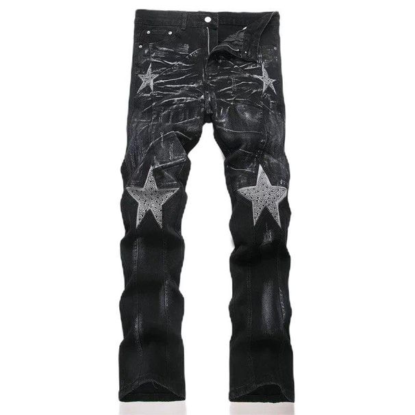 Retro Star Embroidered Flared Jeans – Vintage 90s Streetwear Denim With Distressed Paint Splatter & Stretch Comfort_mkmklike.com