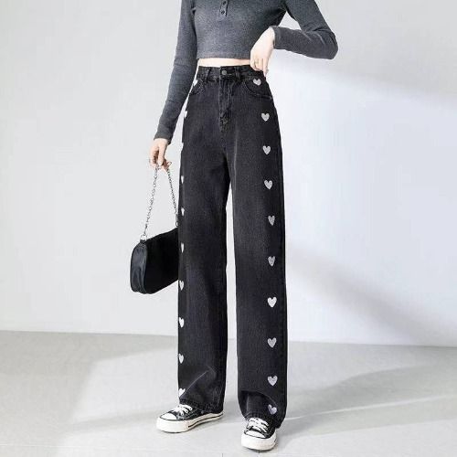 Love-Inspired High-Waist Flared Jeans – Chic Straight-Leg Wide Pants With Soft Tumble Hem (Blue/Black, S-2xl)_mkmklike.com