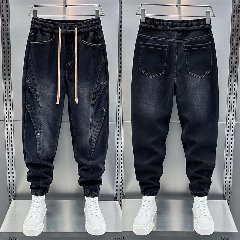 Men's Slim Fit Black Washed Denim Pants - Streetwear Style Tapered Joggers With Multi-Pockets For Casual Outfits_mkmklike.com