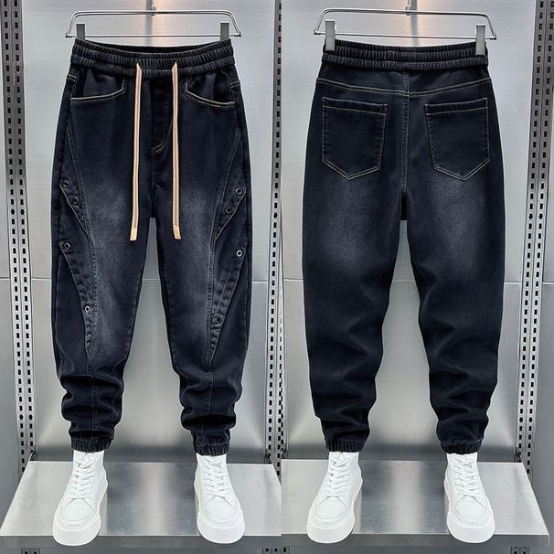 Men's Slim Fit Black Washed Denim Pants - Streetwear Style Tapered Joggers With Multi-Pockets For Casual Outfits_mkmklike.com