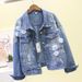 Women's Clothing Denim Short Jacket Loose Spring And Autumn New Heavy Embroidery Three Dimensional Flower Holes Tops_mkmklike.com