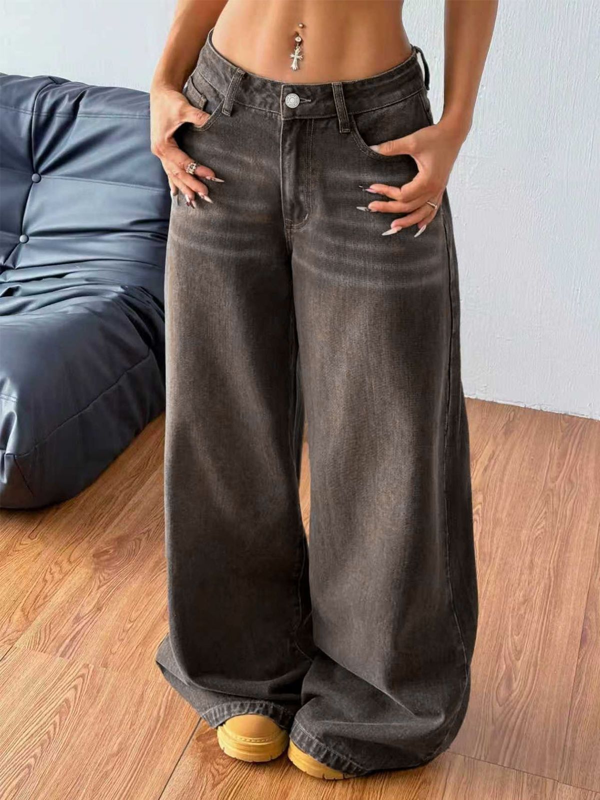 TK184 Women's Washed Fringe Low Waisted Slim Fit Straight Wide Leg Jeans Coffee Brown Floor Length Pants_mkmklike.com