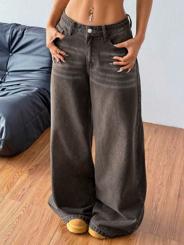 TK184 Women's Washed Fringe Low Waisted Slim Fit Straight Wide Leg Jeans Coffee Brown Floor Length Pants_mkmklike.com