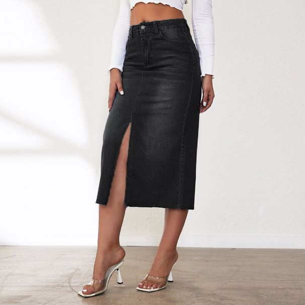 K Sexy And Spicy Girl Half Skirt A-line Style Slit Slimming Denim Half Skirt_mkmklike.com