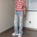 American High Street Ripped Jeans Men's Autumn Ruffian Handsome High-end Pants Floral Full Print Straight Vibe Trousers_mkmklike.com
