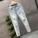 Ripped Slim-fit Jeans Men's Summer Washed Blue Nine-point Pants Men's Trendy Brand Ruffian Handsome Pants_mkmklike.com