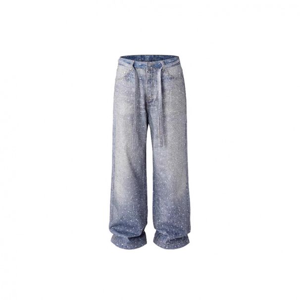 Men's Clothing High Street Washed Loose Wide Leg Full Diamond Distressed High-Waisted Wide-Leg Jeans With Rhinestone Belt – Vintage Washed Denim Pants_mkmklike.com