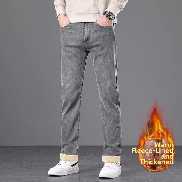 Men's Fleece-Lined Stretch Jeans - Winter Warm Slim Fit Denim Pants With Comfortable Elastic Waist_mkmklike.com