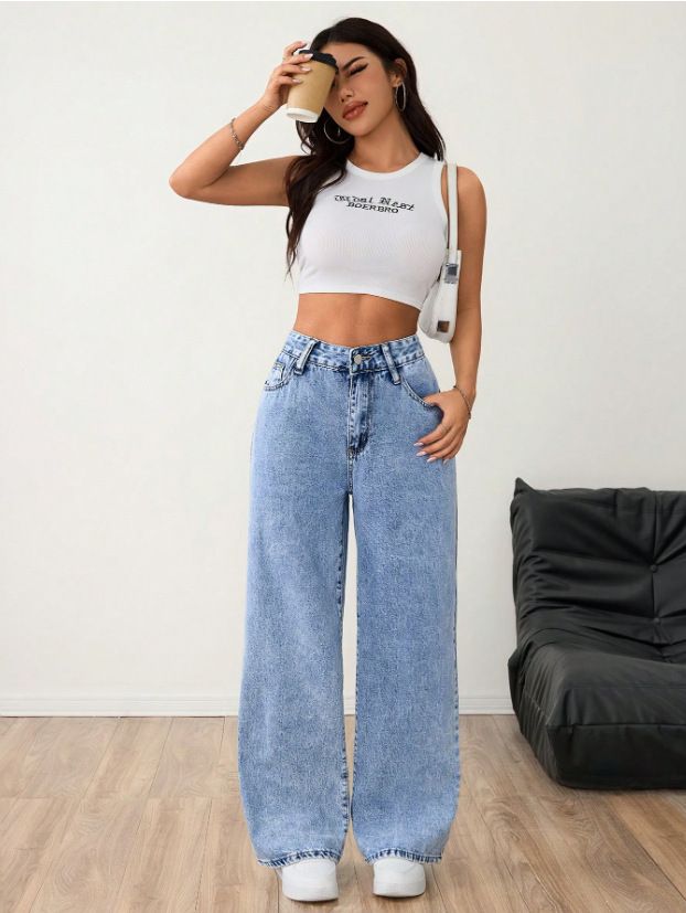 Women's Light Wash High-Waisted Wide-Leg Jeans – Vintage-Inspired Distressed Denim With Unique Pleated Details, Non-Stretch Cotton Blend_mkmklike.com