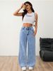 Women's Light Wash High-Waisted Wide-Leg Jeans – Vintage-Inspired Distressed Denim With Unique Pleated Details, Non-Stretch Cotton Blend_mkmklike.com