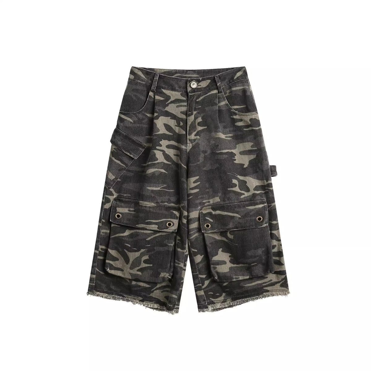 Vintage Camo Cargo Shorts For Men & Women - Distressed Denim With Oversized Pockets, Loose Fit, Streetwear Style_mkmklike.com