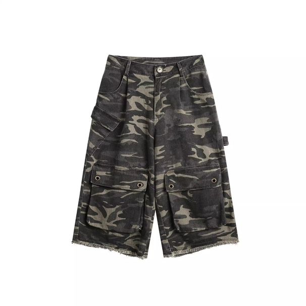 Vintage Camo Cargo Shorts For Men & Women - Distressed Denim With Oversized Pockets, Loose Fit, Streetwear Style_mkmklike.com