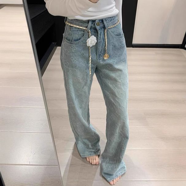 Women's Clothing Light Colored Jacquard Straight Jeans For Spring New High Waist Versatile Loose Wide Leg Pants_mkmklike.com